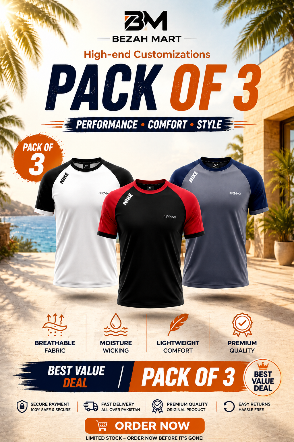 Pack of 3 Premium Dry-Fit T-Shirts — White + Red + Grey