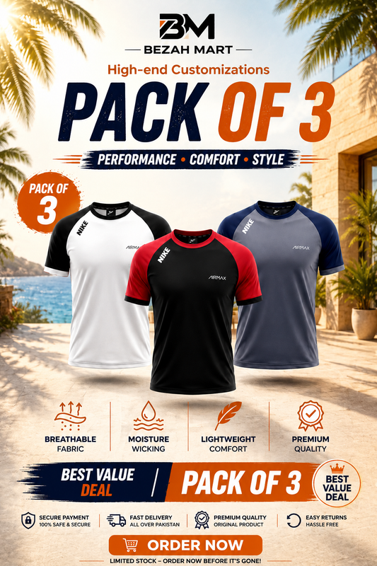 Pack of 3 Premium Dry-Fit T-Shirts — White + Red + Grey