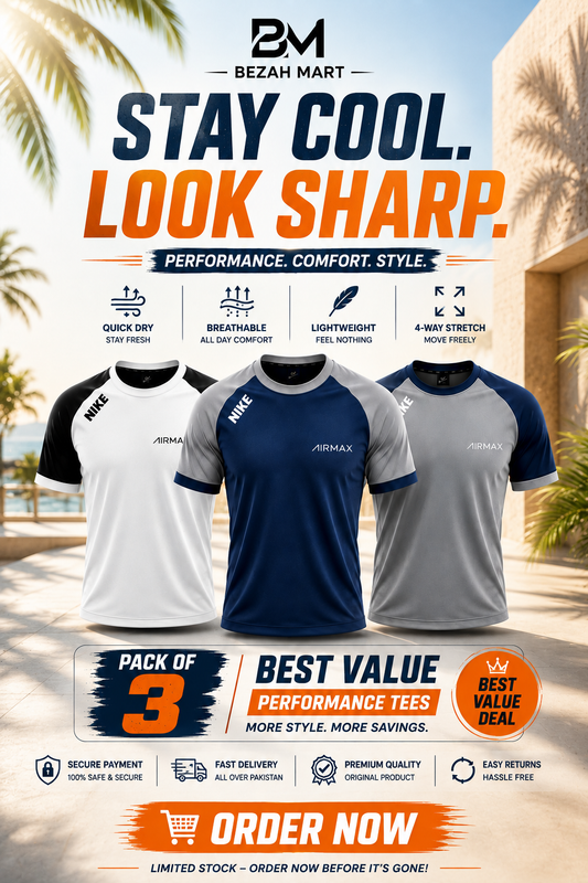 Pack of 3 Premium Dry-Fit T-Shirts — White + Blue + Grey
