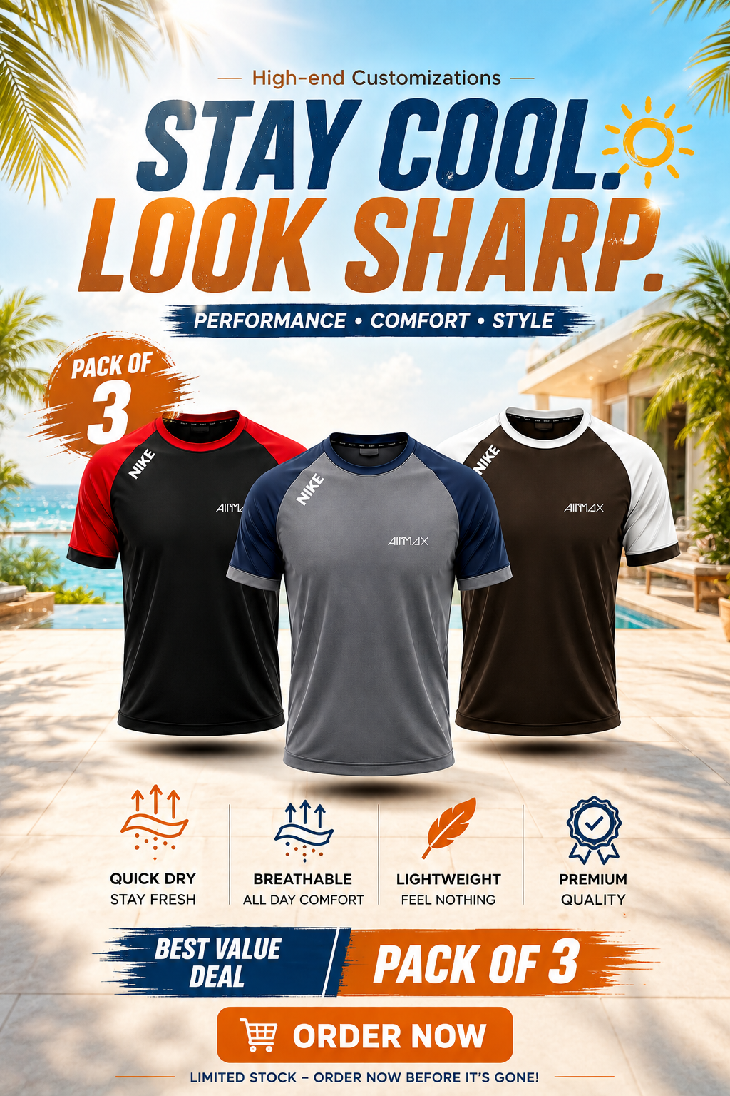 Pack of 3 Premium Dry-Fit T-Shirts — Grey + Red+ Brown