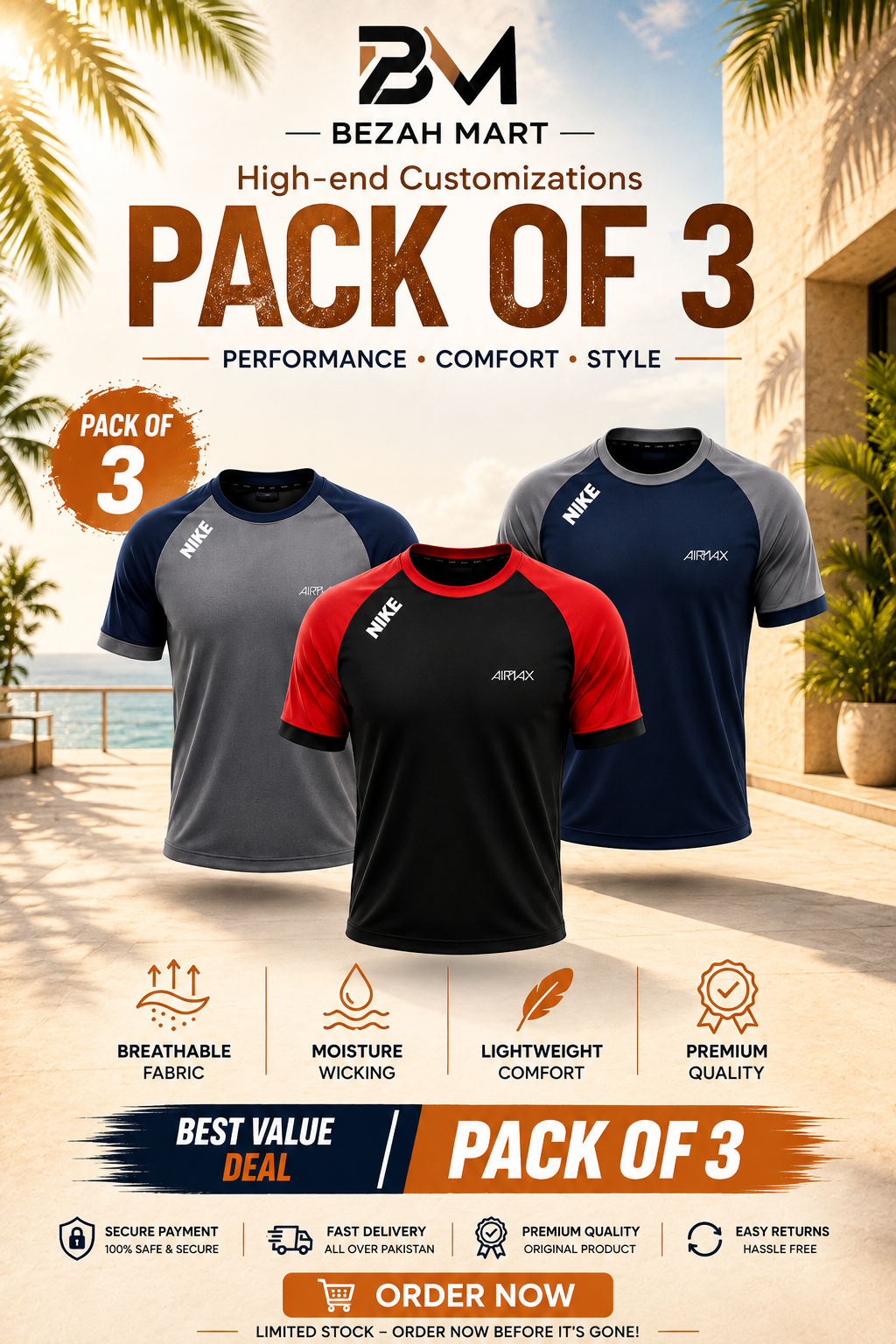 Pack of 3 Premium Dry-Fit T-Shirts — Grey + Red + Blue