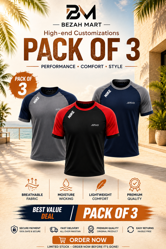 Pack of 3 Premium Dry-Fit T-Shirts — Grey + Red + Blue