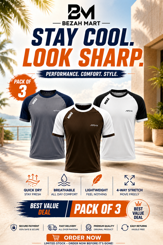 Pack of 3 Premium Dry-Fit T-Shirts — Grey + Brown+white