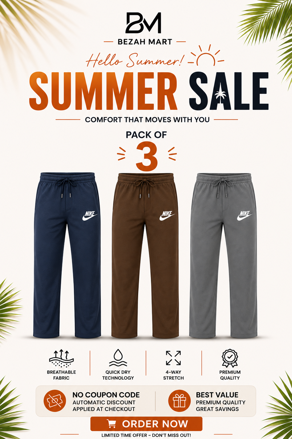 Premium Pack of 3 Straight-Fit Trousers for Men(Blue,Brown,Grey)