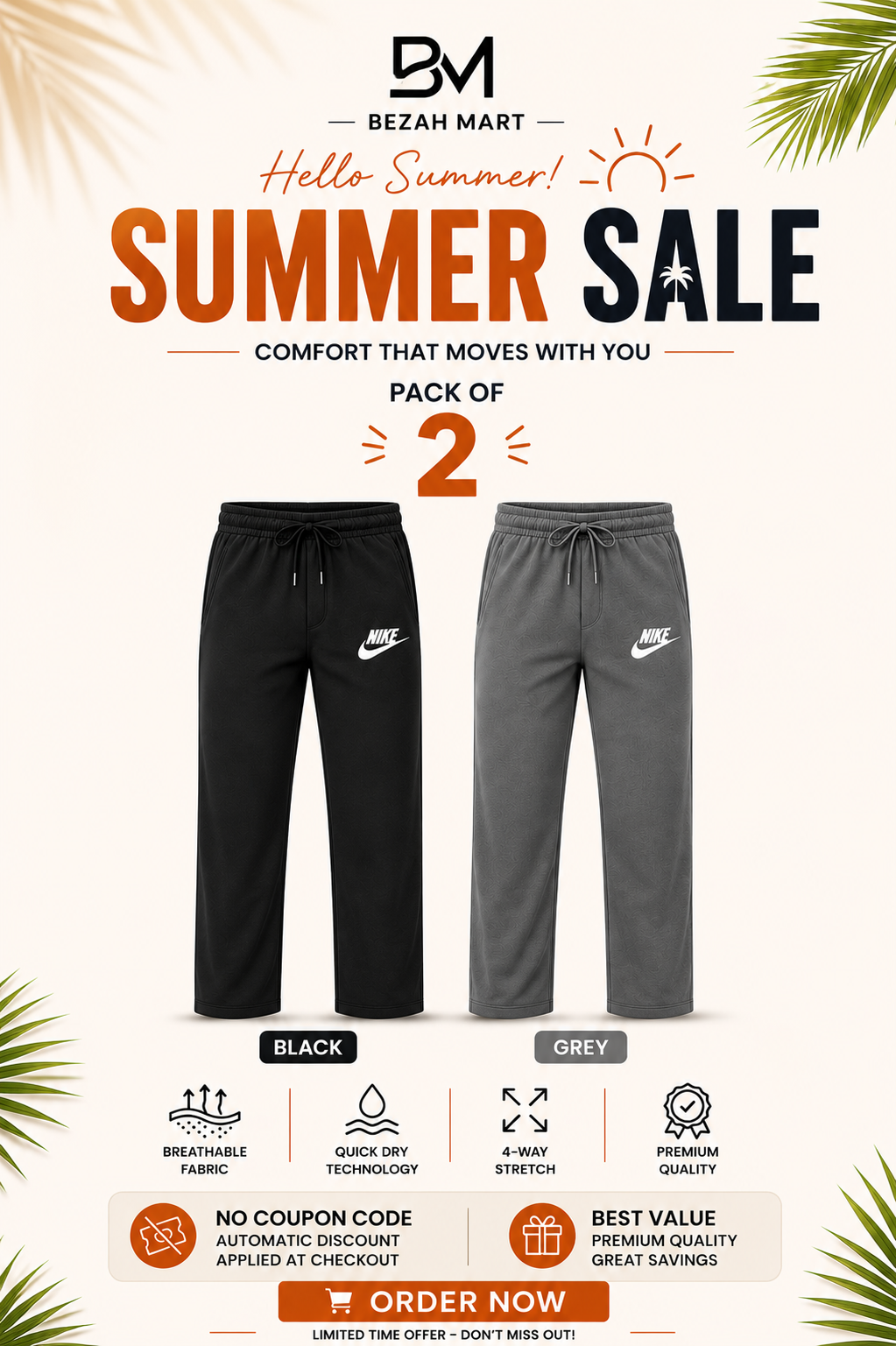 Premium Pack of 2 Straight-Fit Trousers for Men(Black,Grey)