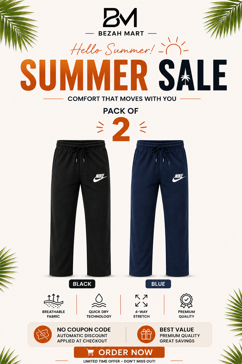 Premium Pack of 2 Straight-Fit Trousers for Men(Black,Blue)