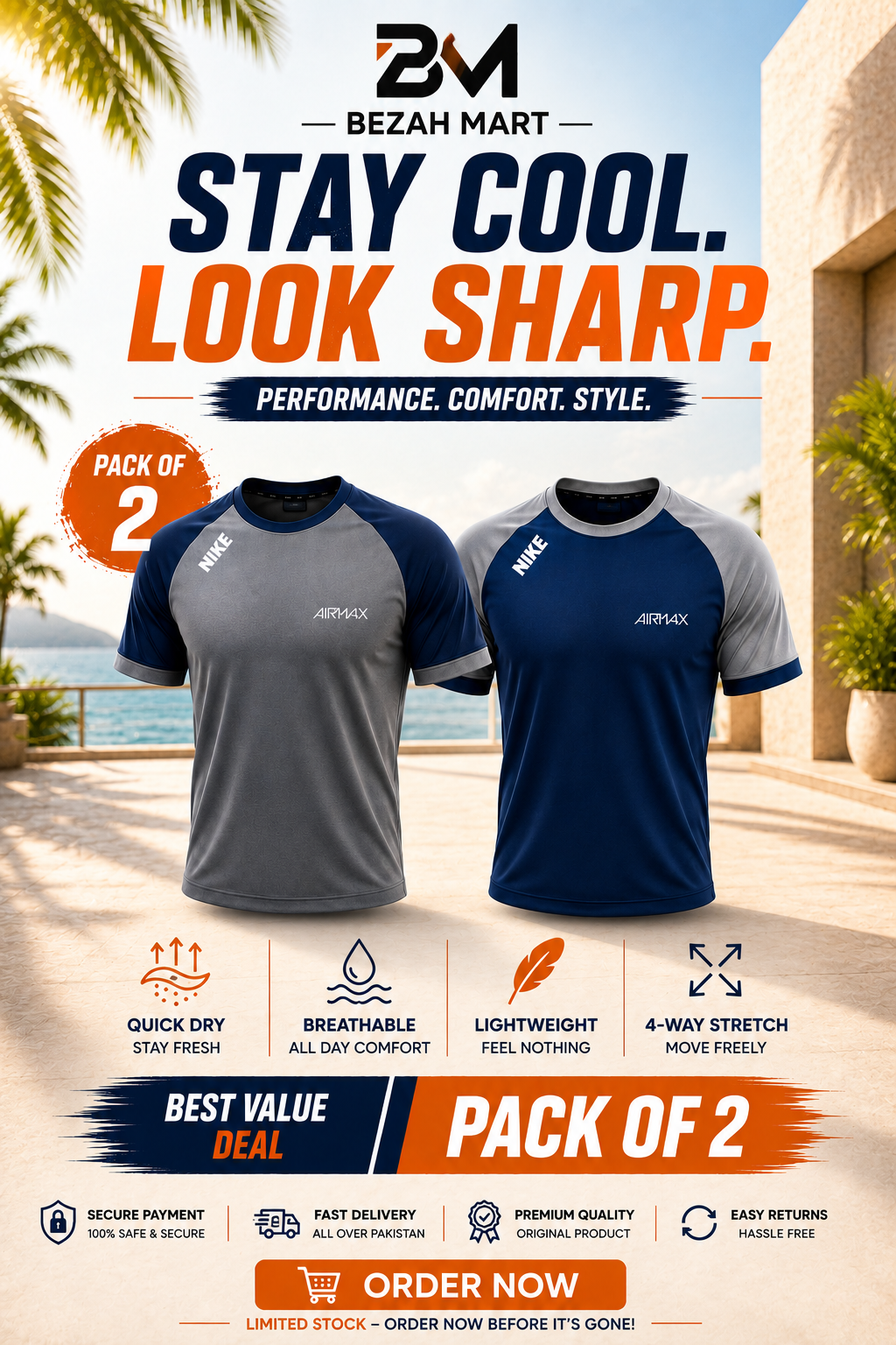 Pack of 2  Premium Dry-Fit T-Shirts —  Grey + Blue