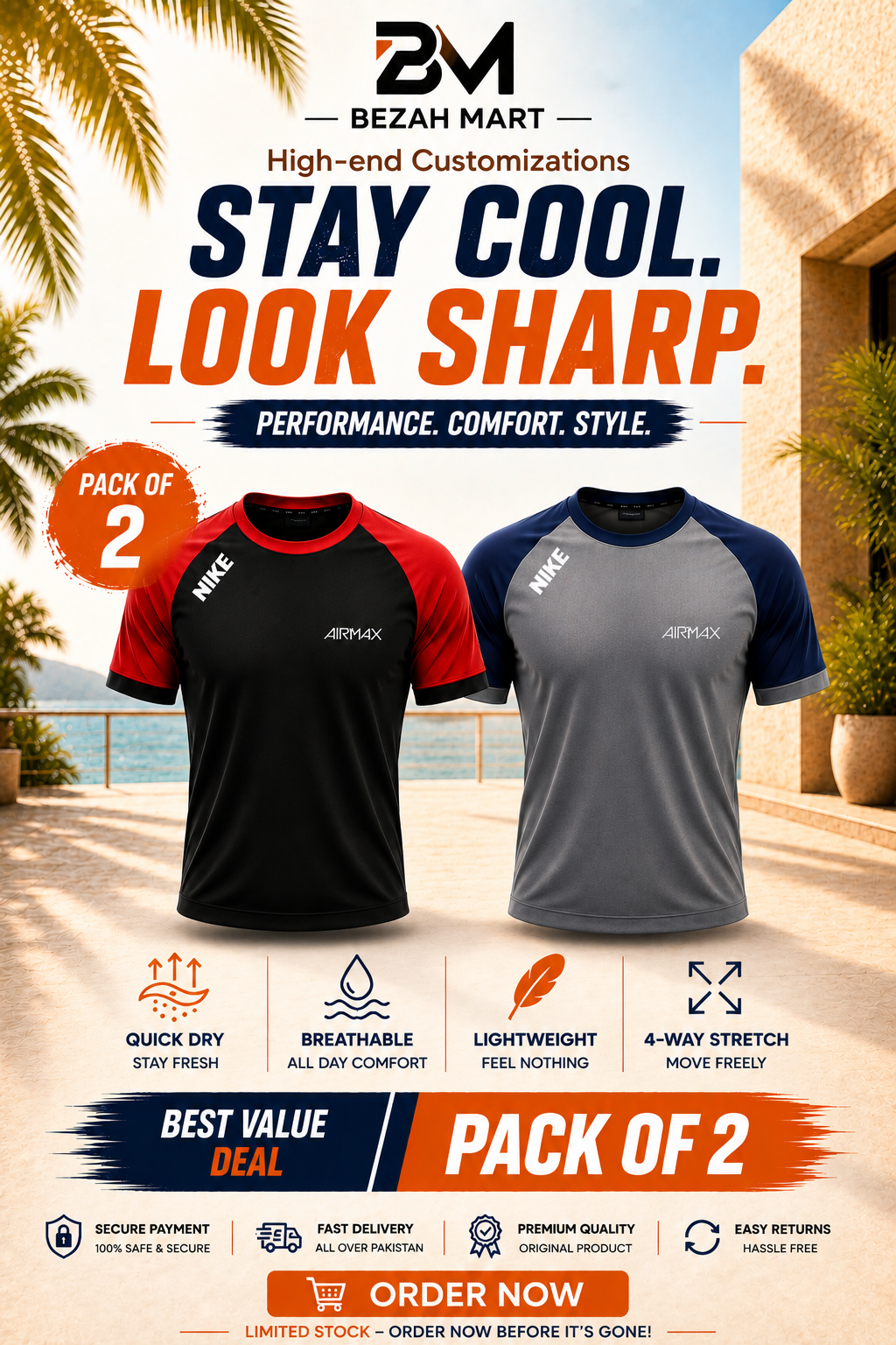 Pack of 2  Premium Dry-Fit T-Shirts —  Red + Grey