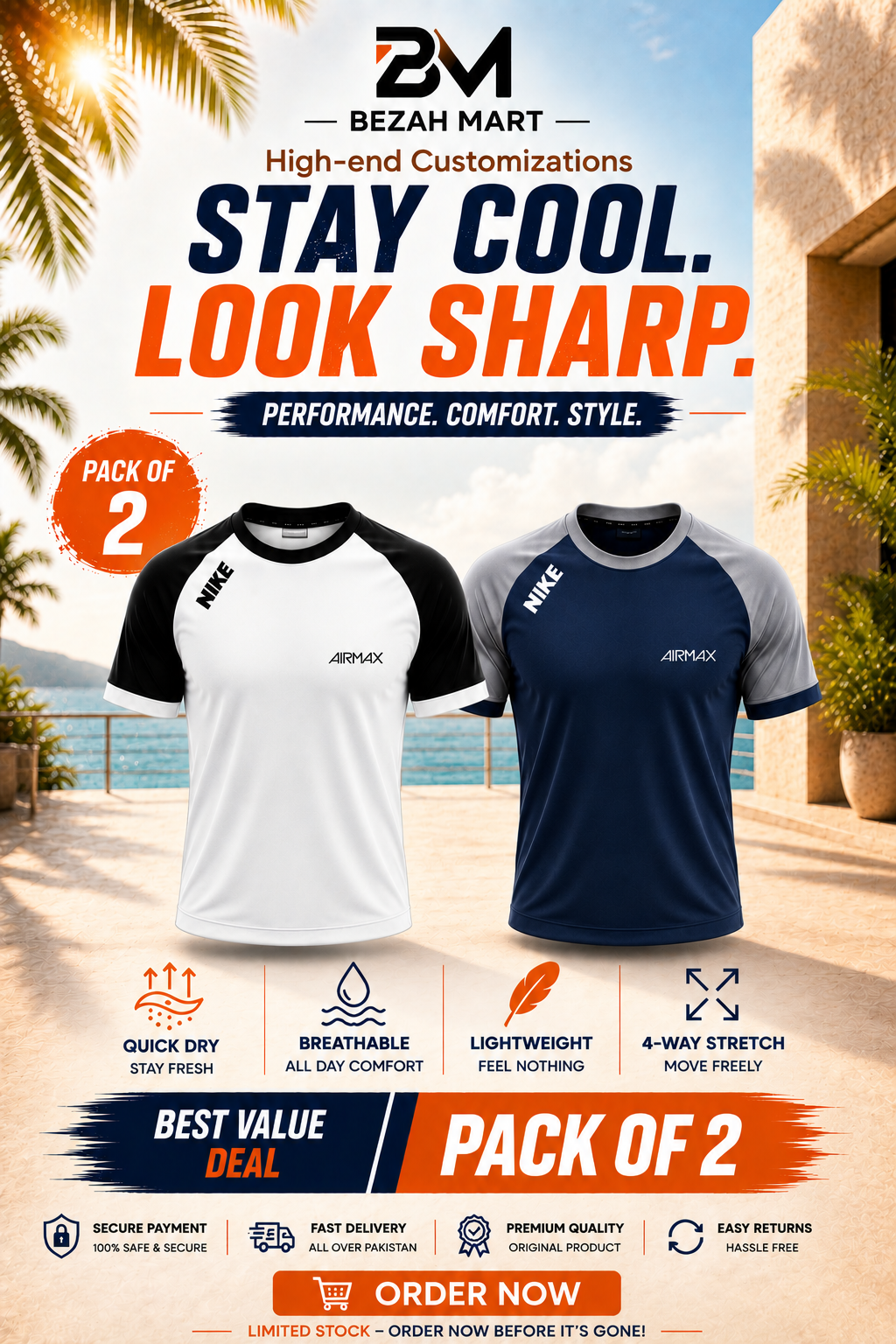 Pack of 2  Premium Dry-Fit T-Shirts —  White + Blue