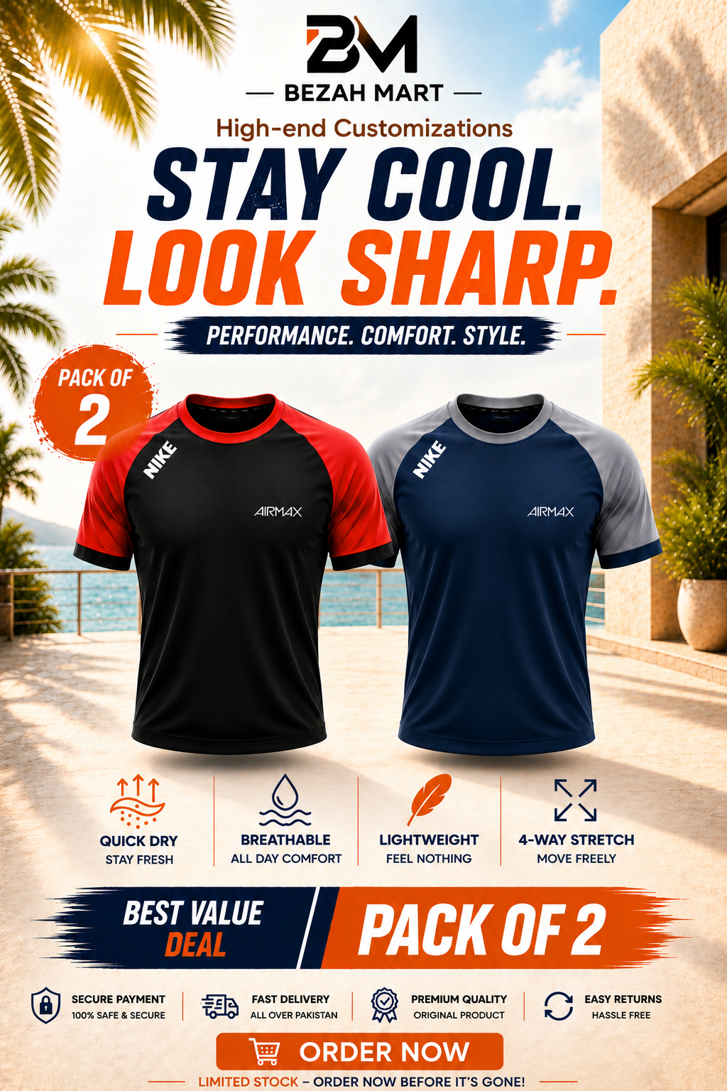 Pack of 2  Premium Dry-Fit T-Shirts —  Red + Blue