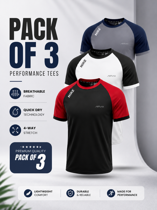 Pack of 3 Premium Dry-Fit T-Shirts — White+ Red + Grey