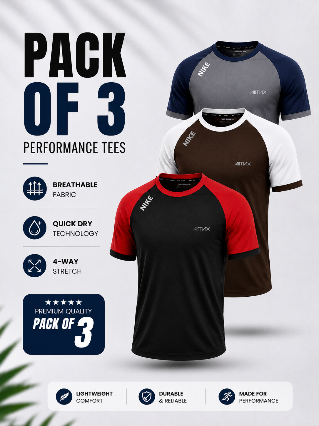 Pack of 3 Premium Dry-Fit T-Shirts — Grey+ Red+ Brown