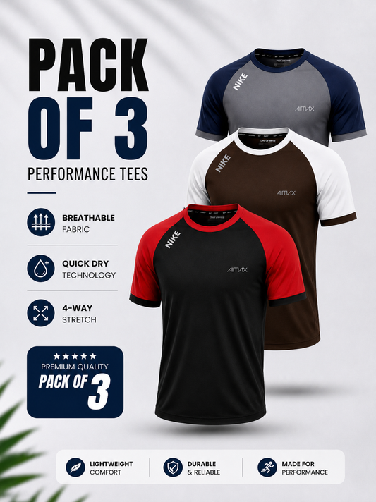 Pack of 3 Premium Dry-Fit T-Shirts — Grey+ Red+ Brown
