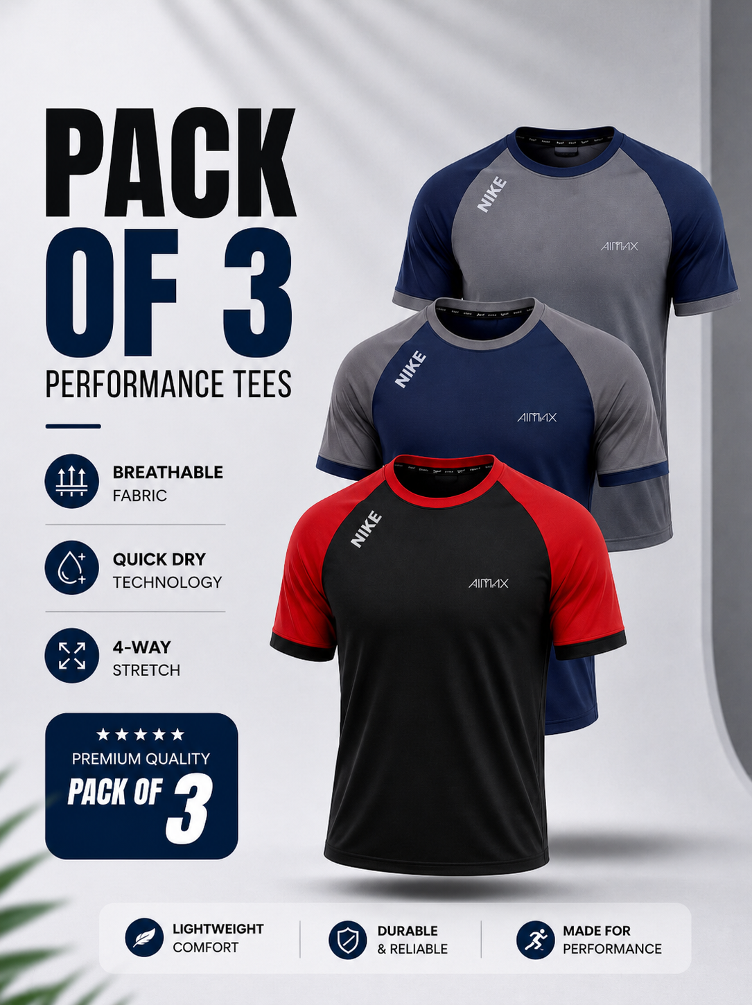 Pack of 3 Premium Dry-Fit T-Shirts — Grey+ Red + Blue