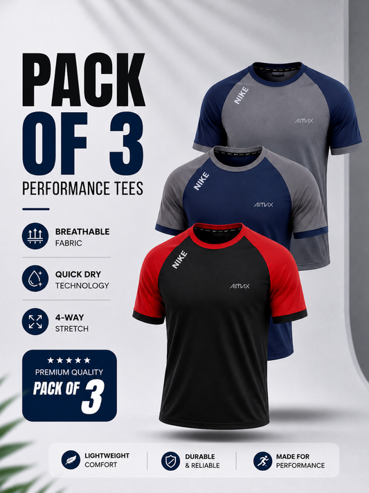 Pack of 3 Premium Dry-Fit T-Shirts — Grey+ Red + Blue