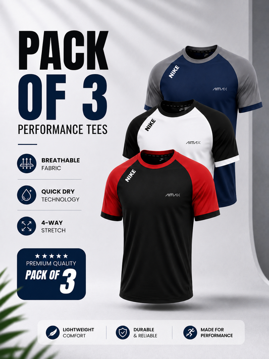 Pack of 3 Premium Dry-Fit T-Shirts — White+ Red + Blue