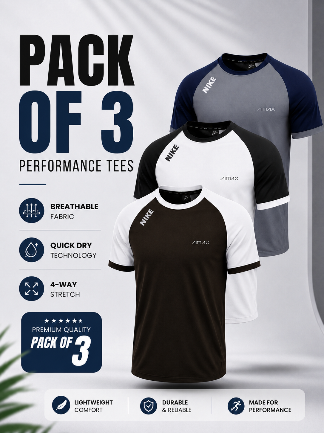 Pack of 3 Premium Dry-Fit T-Shirts — Grey+ White+ Brown