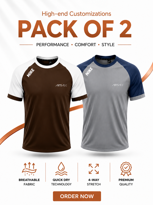 Pack of 2 Premium Dry-Fit T-Shirts — Grey + Brown