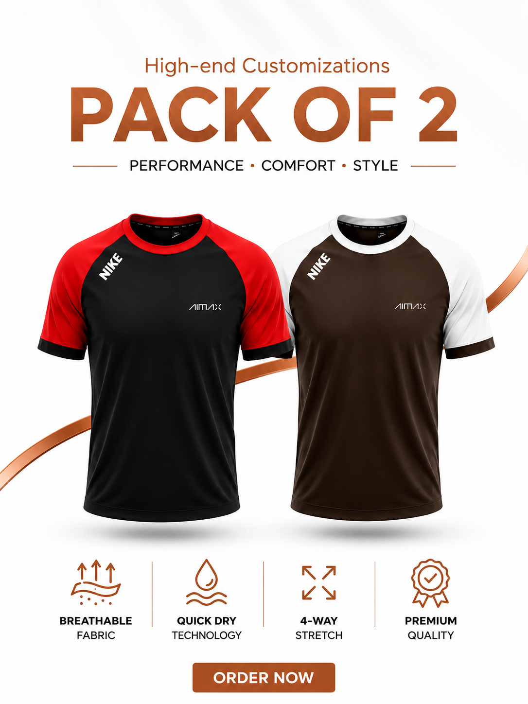 Pack of 2 Premium Dry-Fit T-Shirts — Red + Brown