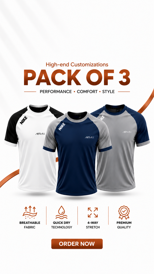 Pack of 3 Premium Dry-Fit T-Shirts — Grey +white +Blue