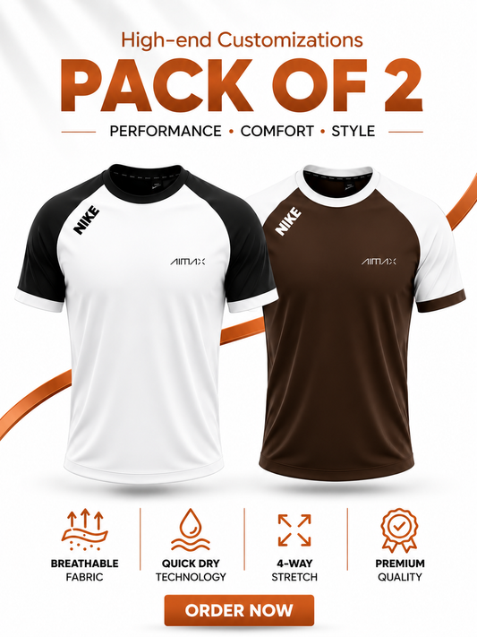 Pack of 2 Premium Dry-Fit T-Shirts — White + Brown