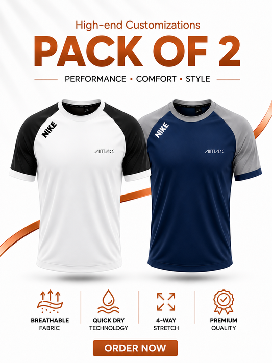 Pack of 2 Premium Dry-Fit T-Shirts — White + Blue