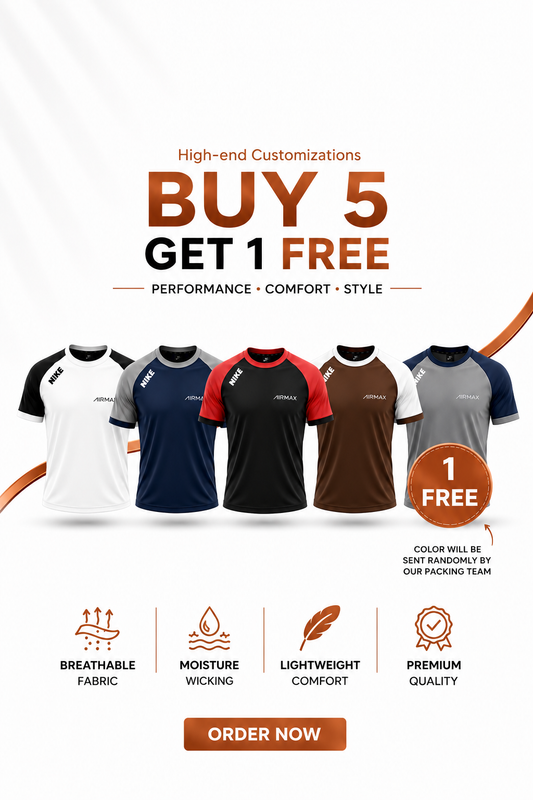 Pack of 6 Premium Dry-Fit T-Shirts — Grey + Brown + White + Red + Blue
