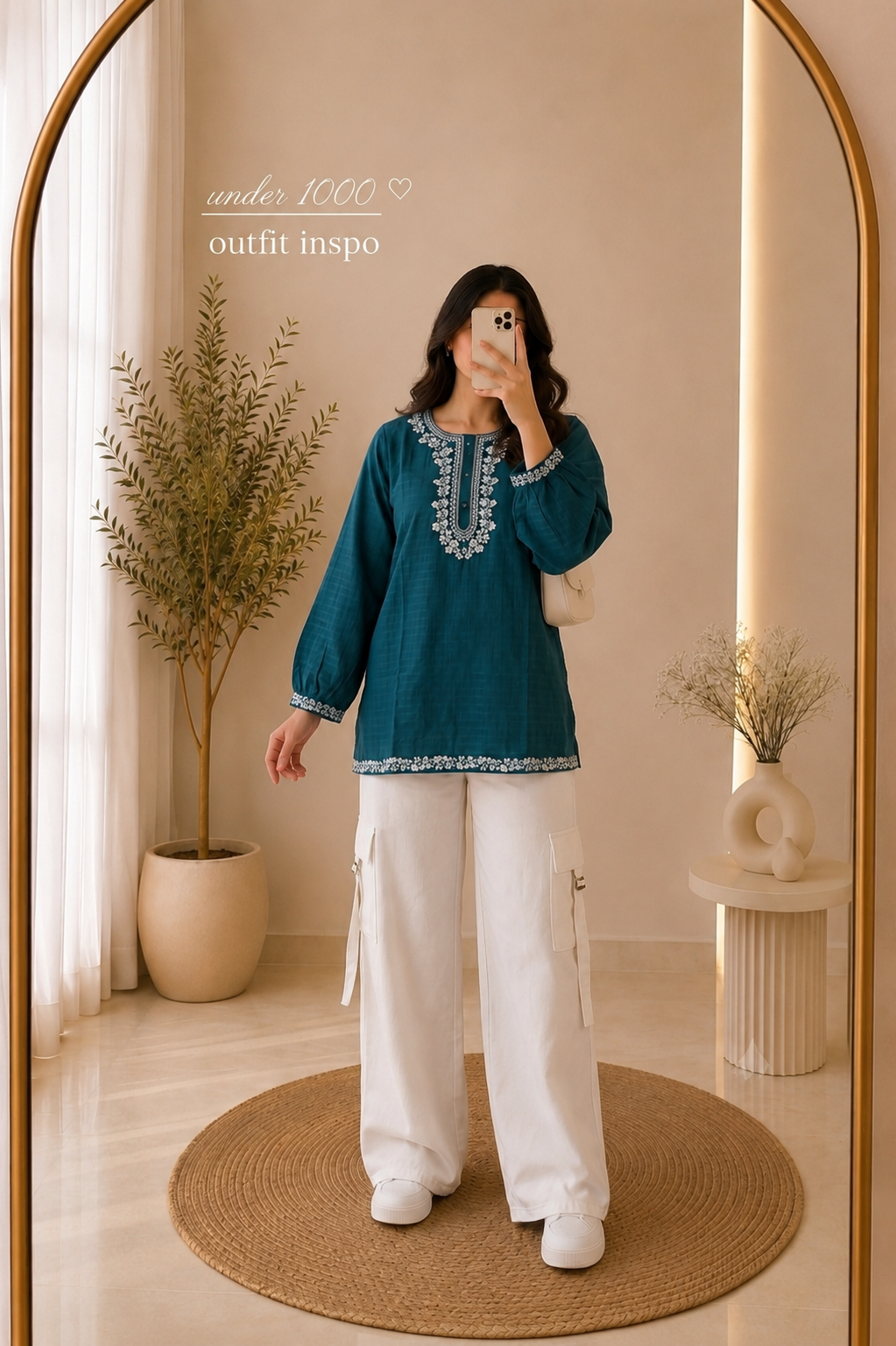 Women's Embroidered Top with Cargo Trousers & Belt | Premium 2 Piece Co-Ord Set