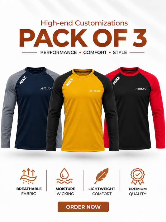 Pack of 3 Premium Dry-Fit T-Shirts Full Sleeves — Dark Navy Blue+Mustard Yellow+Royal Red