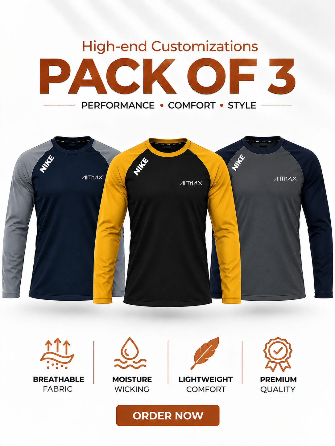 Pack of 3 Premium Dry-Fit T-Shirts Full Sleeves — Dark Navy Blue+ Mustard Black+Steel Grey