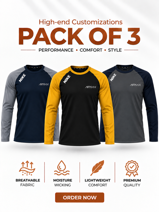 Pack of 3 Premium Dry-Fit T-Shirts Full Sleeves — Dark Navy Blue+ Mustard Black+Steel Grey