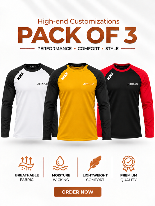 Pack of 3 Premium Dry-Fit T-Shirts Full Sleeves — Signature White+ Mustard Yellow+Royal Red