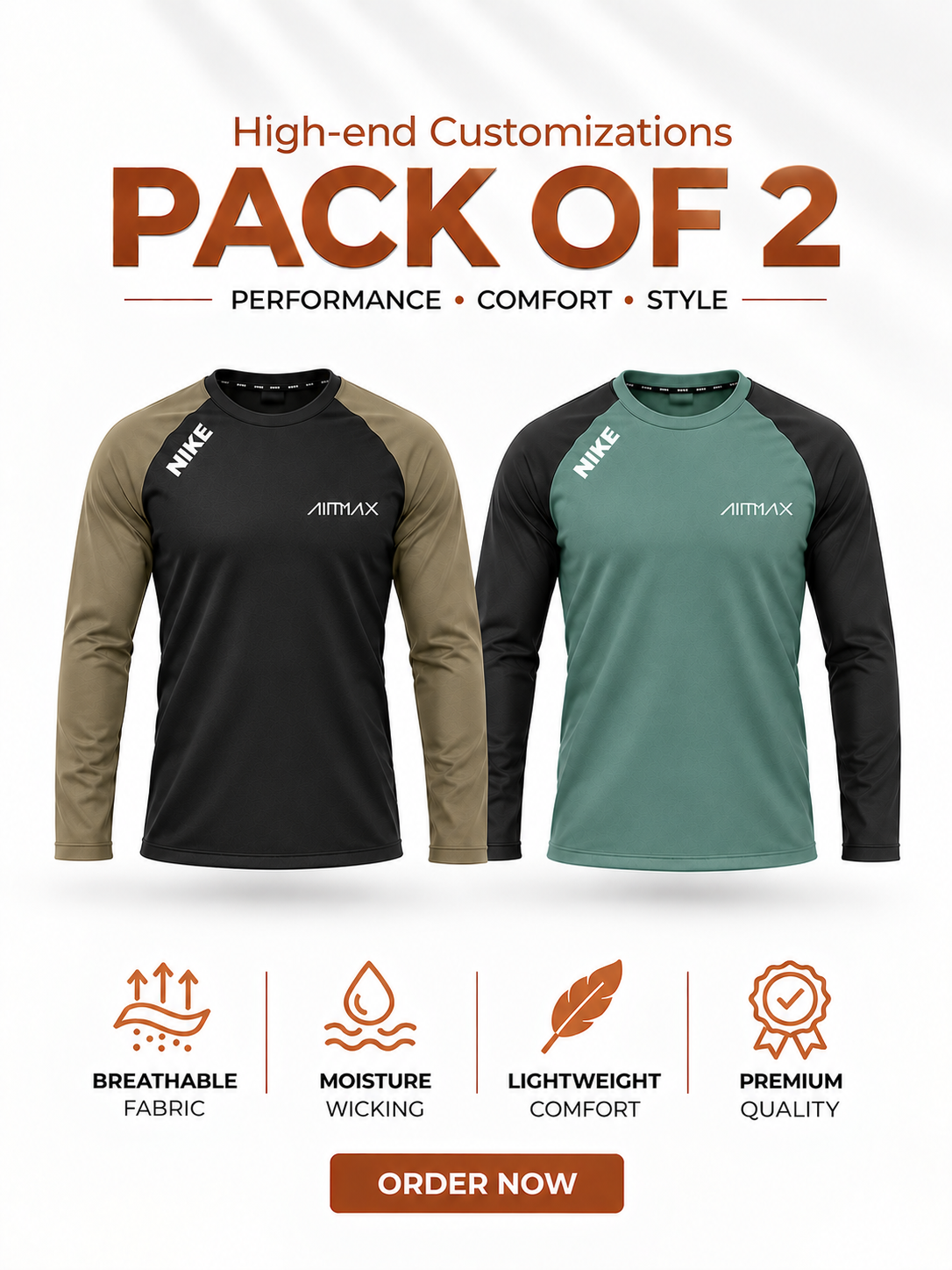 Pack of 2 Premium Dry-Fit T-Shirts Full Sleeves —- Sage Green+Black Brown