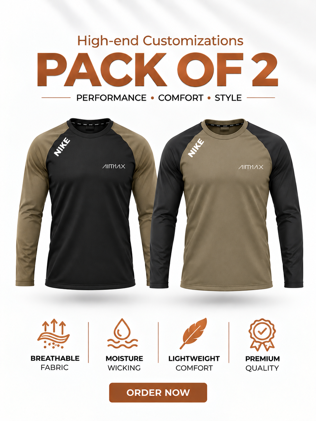 Pack of 2 Premium Dry-Fit T-Shirts Full Sleeves —- Sage Green+Black Brown