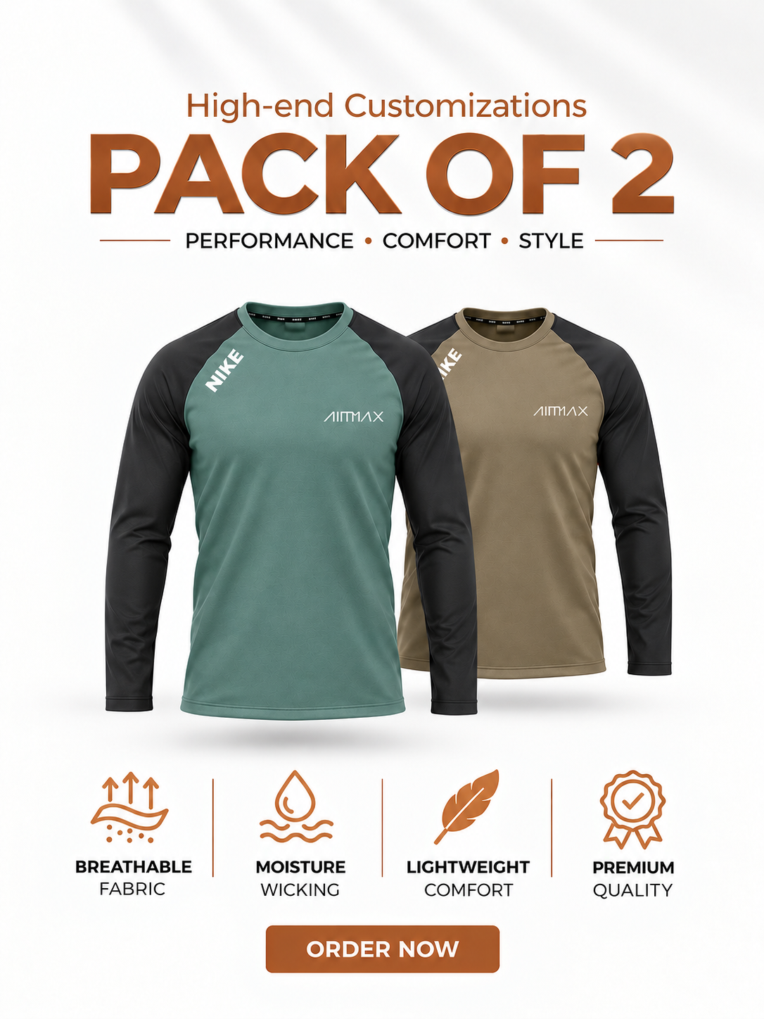 Pack of 2 Premium Dry-Fit T-Shirts Full Sleeves— Sage Green+ Olive Brown