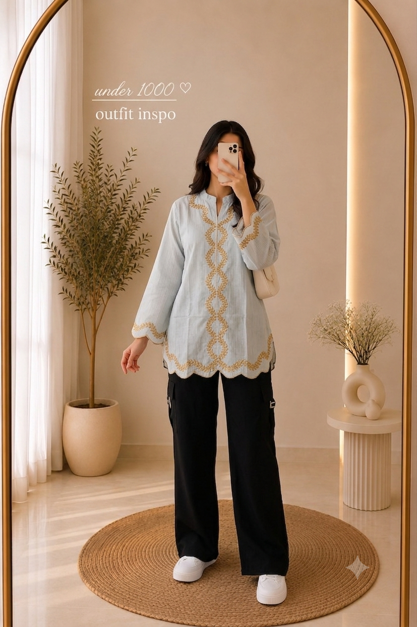 Women's Embroidered Top with Cargo Trousers & Belt | Premium 2 Piece Co-Ord Set