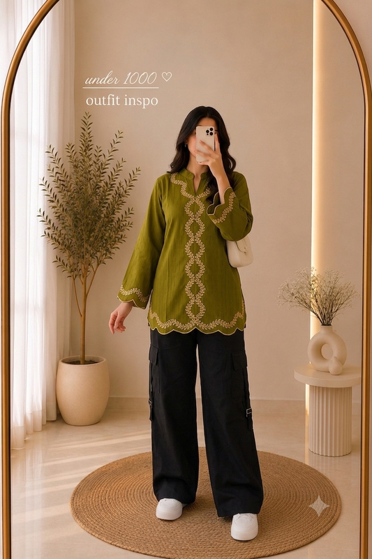 Women's Embroidered Top with Cargo Trousers & Belt | Premium 2 Piece Co-Ord Set