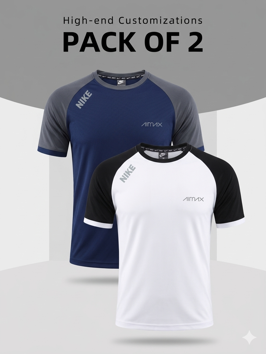 Pack of 2 Premium Dry-Fit T-Shirts(Blue, White)