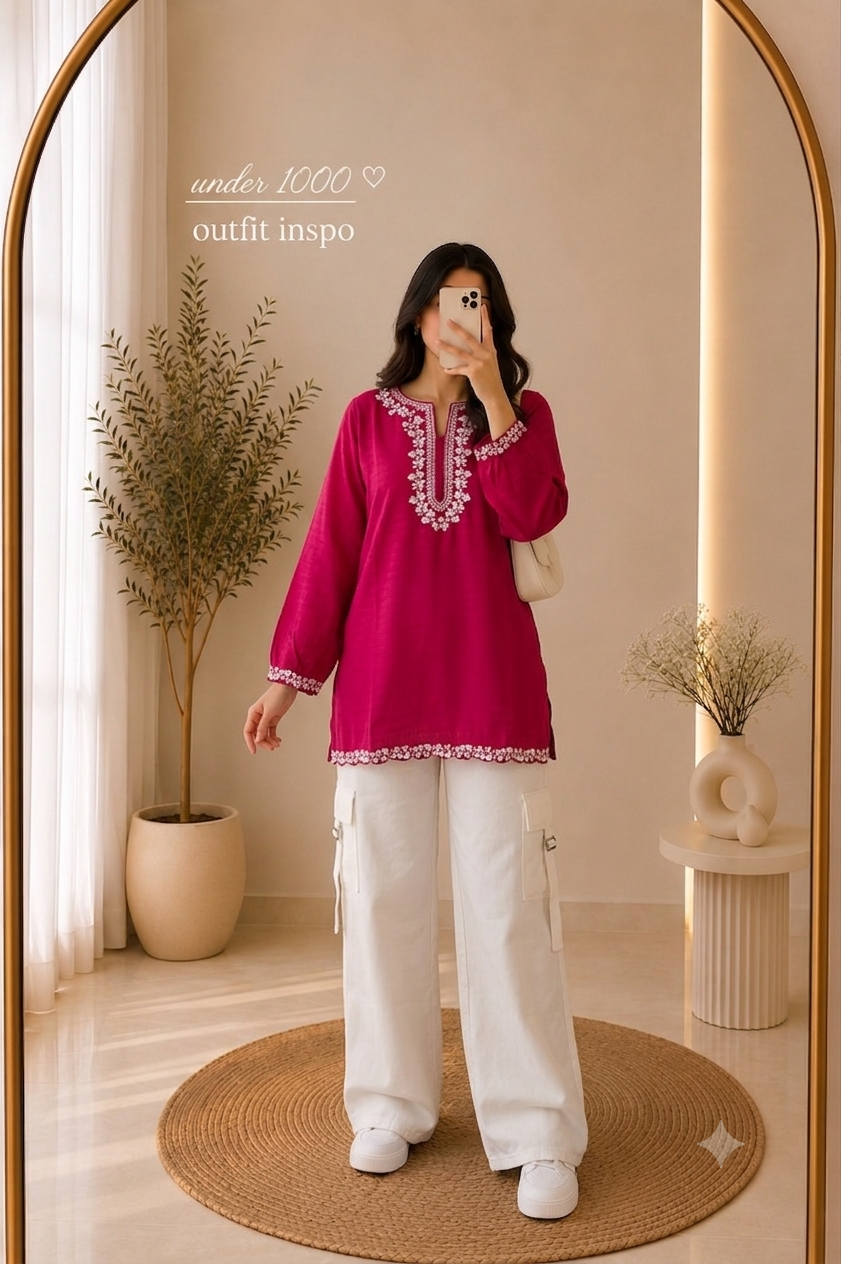 Women's Embroidered Top with Cargo Trousers & Belt | Premium 2 Piece Co-Ord Set