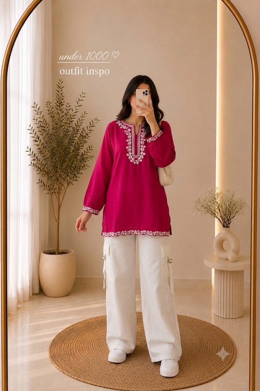 Women's Embroidered Top with Cargo Trousers & Belt | Premium 2 Piece Co-Ord Set