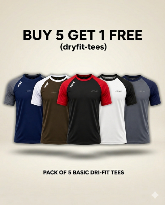 Pack of 5 Premium Dry-Fit T-Shirts(Grey, Brown, White,Red,Blue)