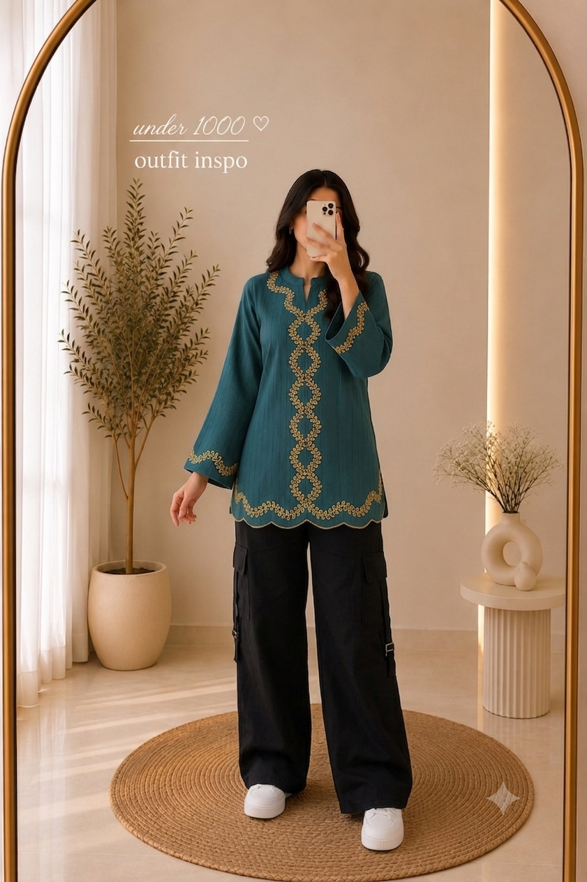 Women's Embroidered Top with Cargo Trousers & Belt | Premium 2 Piece Co-Ord Set