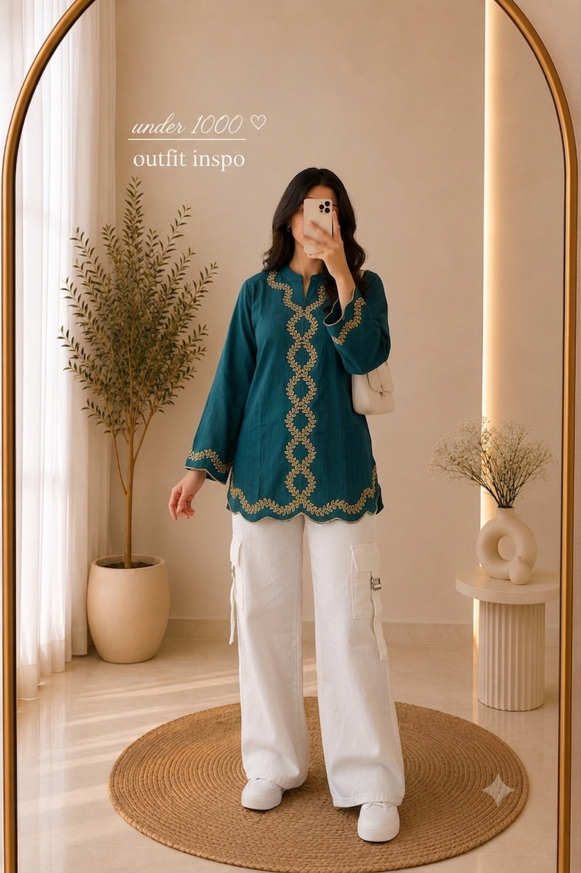 Women's Embroidered Top with Cargo Trousers & Belt | Premium 2 Piece Co-Ord Set