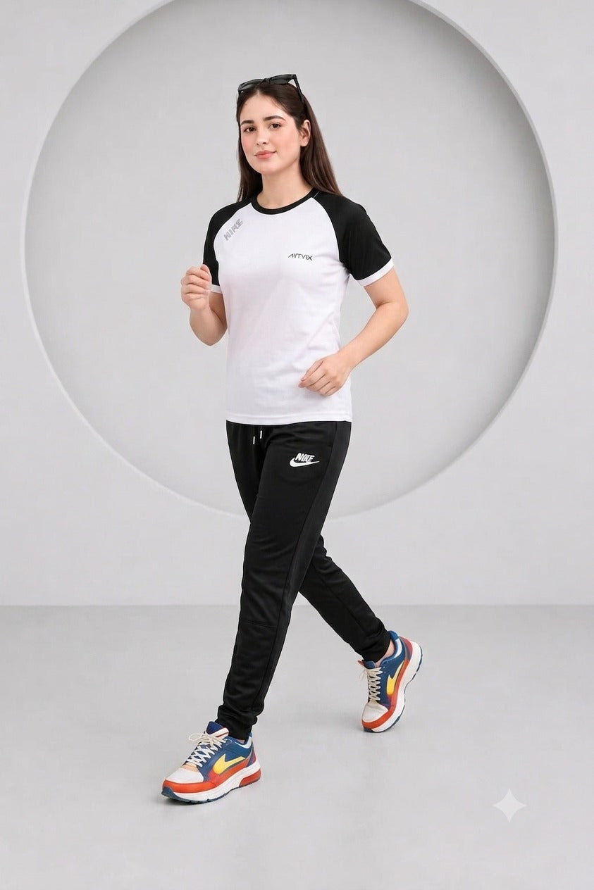 Women's Premium Dri-Fit Tracksuit (White-Black)– Ultra Soft Gym & Casual Wear