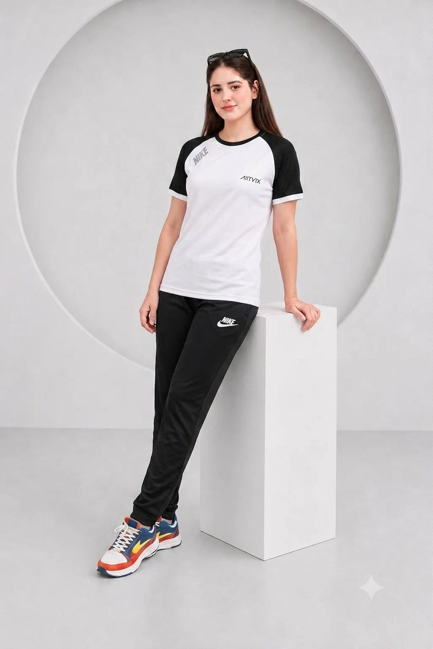 Women's Premium Dri-Fit Tracksuit (White-Black)– Ultra Soft Gym & Casual Wear