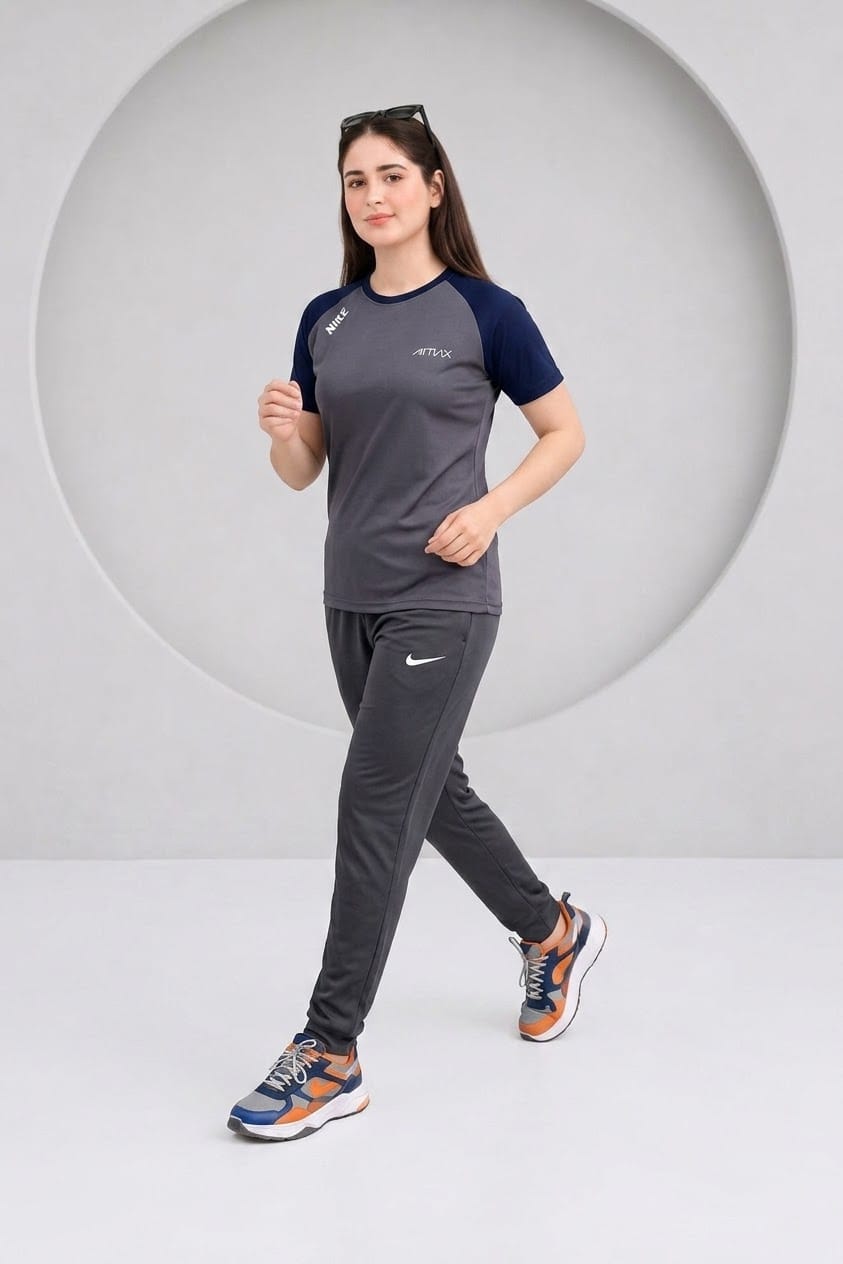 Women's Premium Dri-Fit Tracksuit (GREY-BLUE)– Ultra Soft Gym & Casual Wear