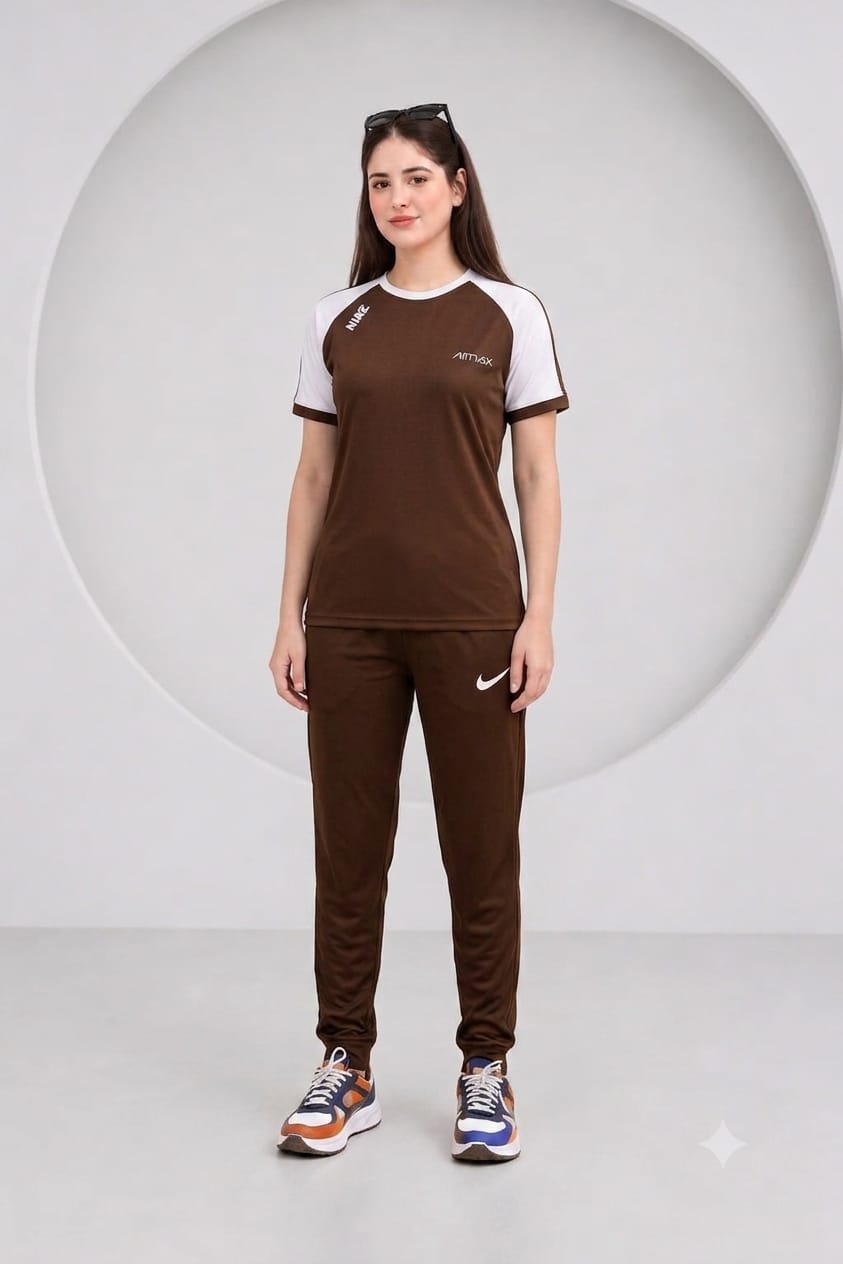 Women's Premium Dri-Fit Tracksuit (BROWN-WHITE)– Ultra Soft Gym & Casual Wear