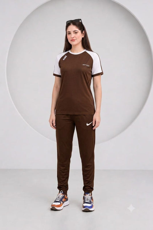 Women's Premium Dri-Fit Tracksuit (BROWN-WHITE)– Ultra Soft Gym & Casual Wear