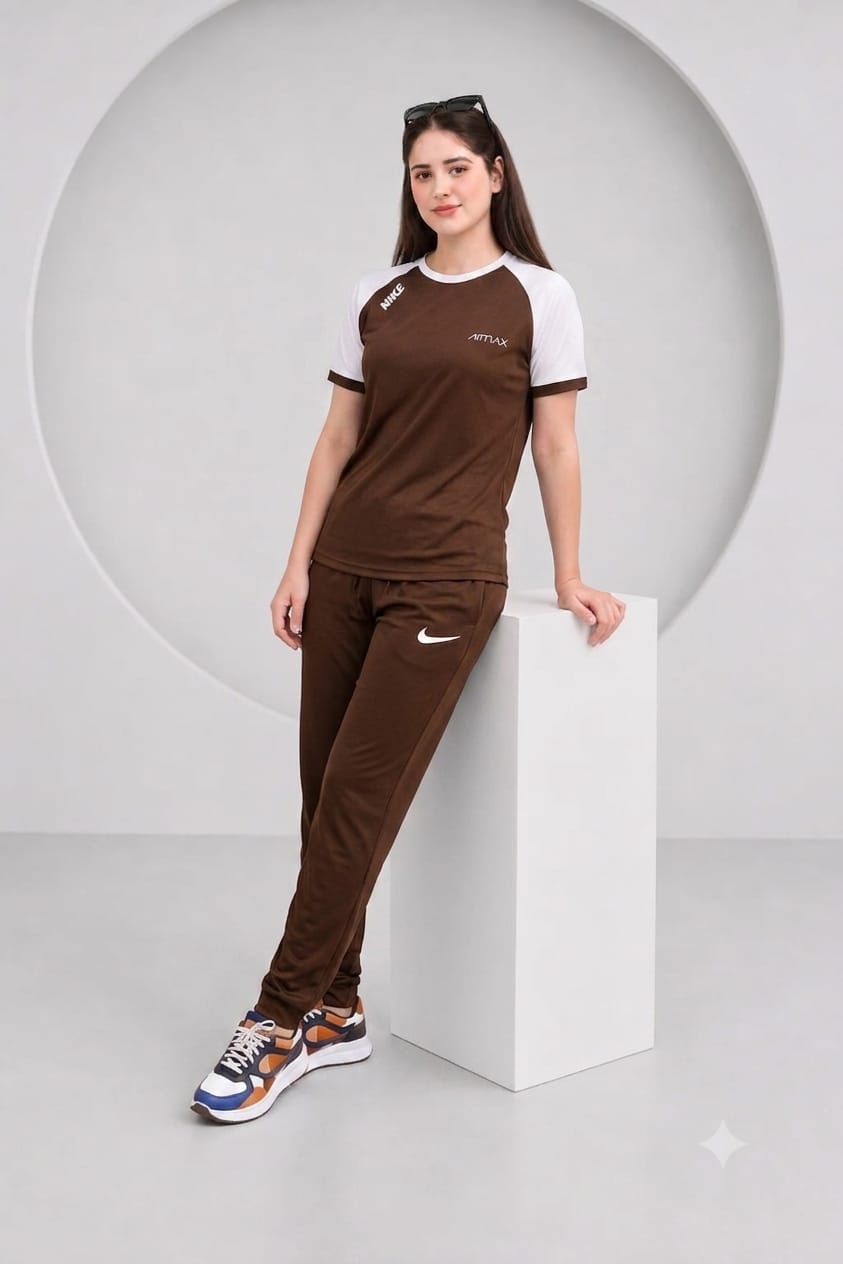 Women's Premium Dri-Fit Tracksuit (BROWN-WHITE)– Ultra Soft Gym & Casual Wear