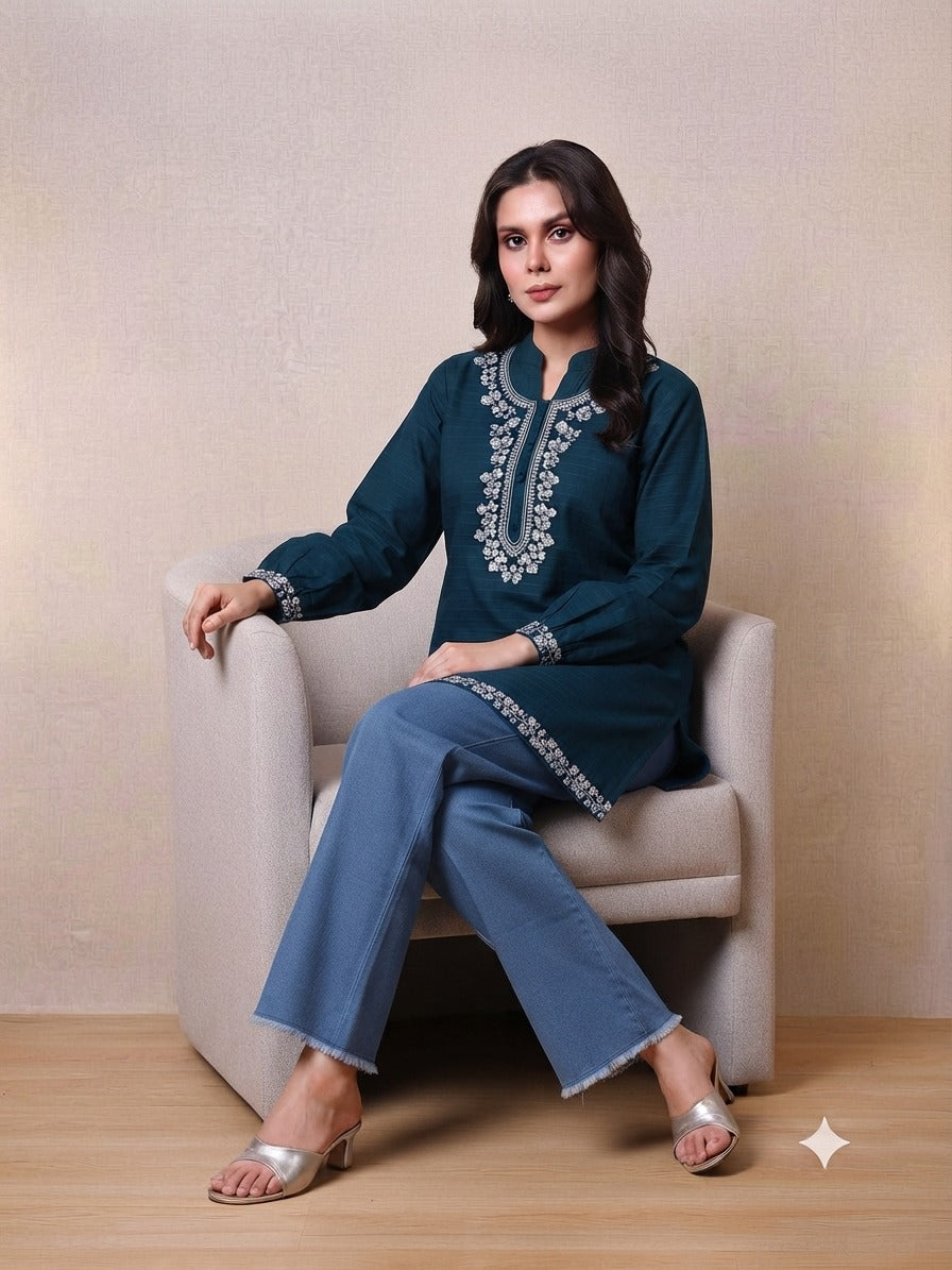 Women's Embroidered Top with Baggy Jeans| Premium Cotton Casual & Festive Wear